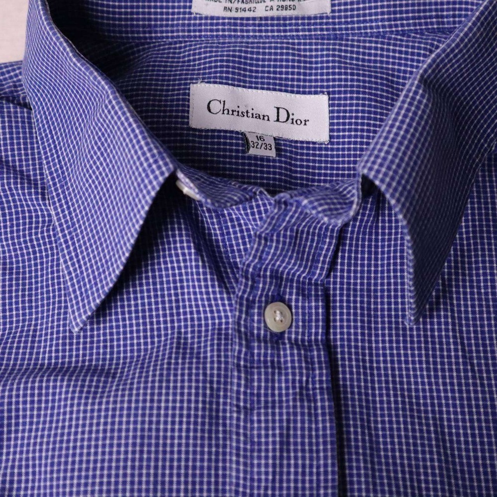 Christian Dior Mens Blue Gingham Check Shirt Button Down Long Sleeve Size 16